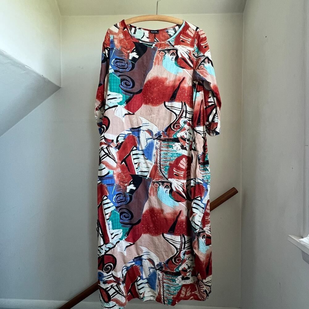 Abstract Art Print Maxi Dress Size M Red Blue Lagenlook Boho‎ Long Sleeve